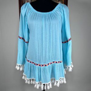 Top Stitch Blouse Top Women's Medium Boat Neck Tasseled Hem Blue Hippie NWT